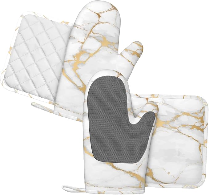 Oven Mitts and Pot Holders Marble White Gold Silicone Kitchen Accessories Set - Image 2
