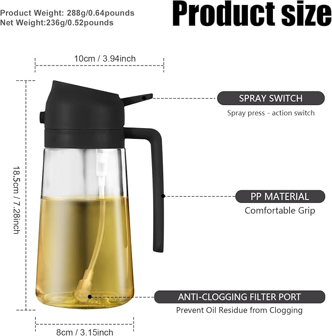 mqnxoi 2 in 1 Glass Oil Sprayer & Dispenser, 16oz/470ml Olive Cooking, Air Fryer - Image 7