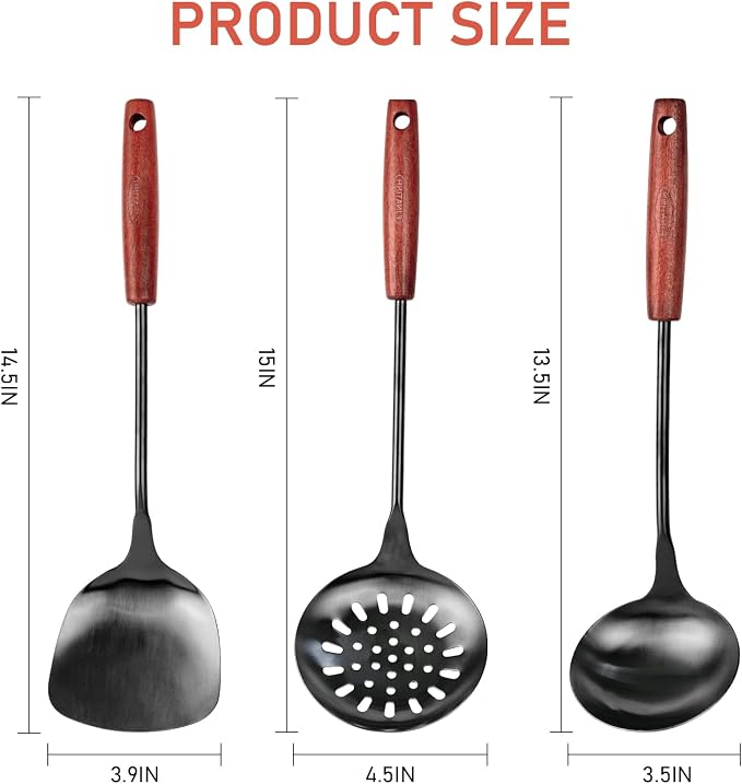 FJNATINH Wok Spatula and Ladle, Skimmer Ladle Tool Set, 17inches Spatula - Image 2