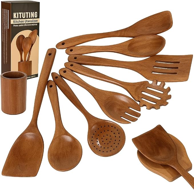 Wooden Spoons for Cooking Set of 10 by Kituting