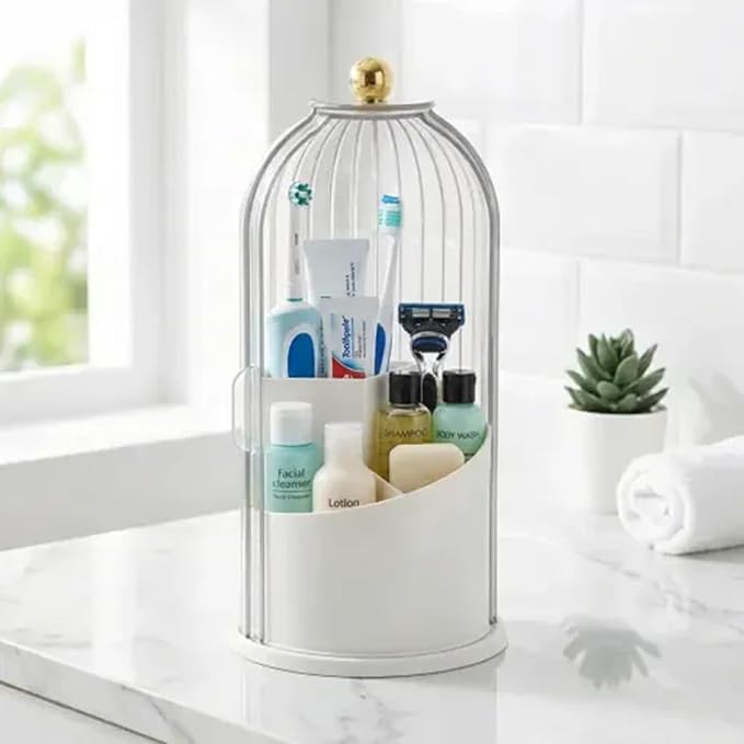 Makeup Brush Holder with Lid 360° Rotating 3-Compartment Makeup Organizers - Image 7