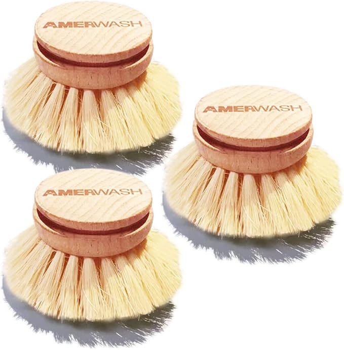 AMERWASH PLUS Classic Dish Brush Replacement Head 3 Packs, Natural Bristle by AMERWASHPLUS