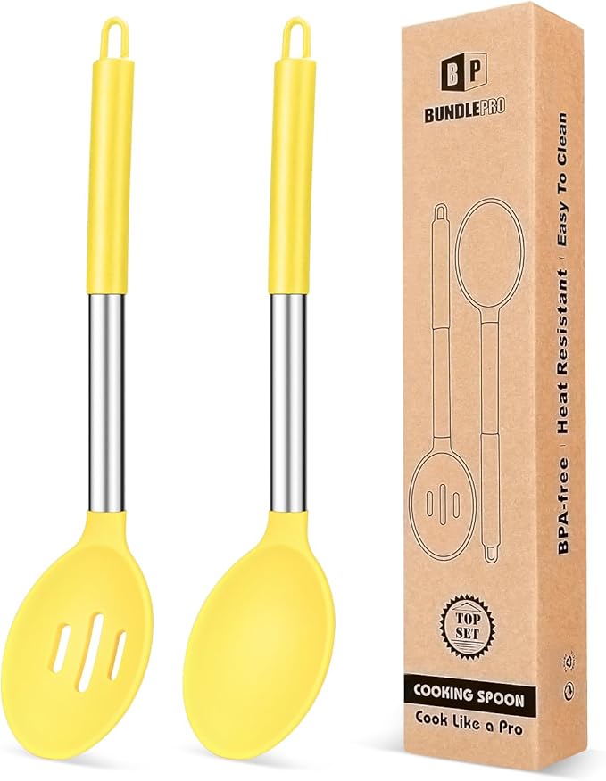 Pack of 2 Large Silicone Cooking Spoons, Non Stick Solid Basting Spoon by BUNDLEPRO