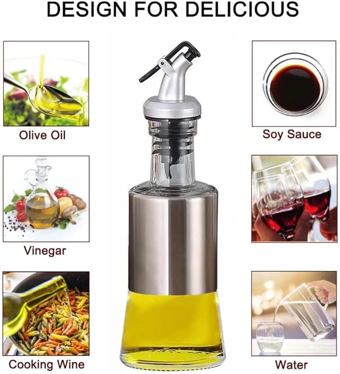 Mincham Olive Oil Dispenser - 7oz Glass & Stainless Steel Oil & Vinegar Cruet - Image 2