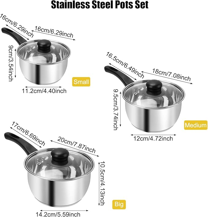 3pcs Stainless Steel Saucepan Set, Kitchen 1QT & 2QT & 3QT Pot Set - Image 2