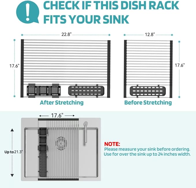 Extra Large Black Expandable Roll Up Dish Drying Rack Up to 25.1''with 2 - Image 4