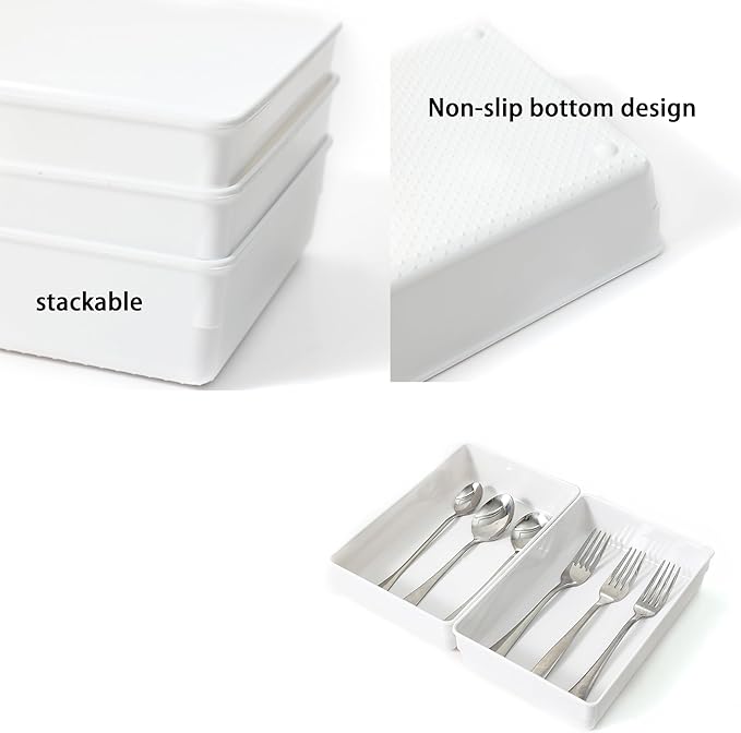 3 Pack White Plastic Drawer Organizer Tray Cutlery Utensil Makeups Drawer - Image 3