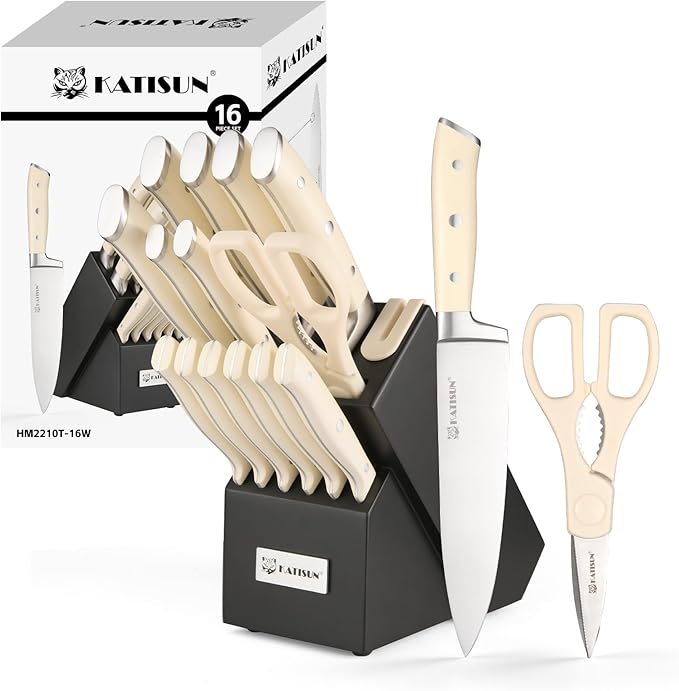 16 Pieces German Steel Knife Block Set, Extra-Long Creamy White Handles by KATISUN