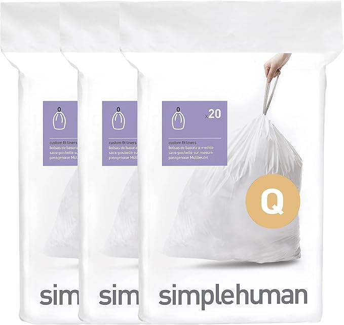 simplehuman Code Q 60 Count Custom Fit Liners, Drawstring Kitchen Trash Bags by Simplehuman