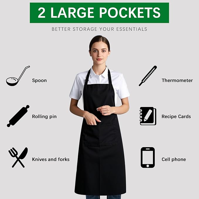 Bib Apron - Unisex Black Aprons 6 Pockets Cooking Kitchen Apron - Image 5