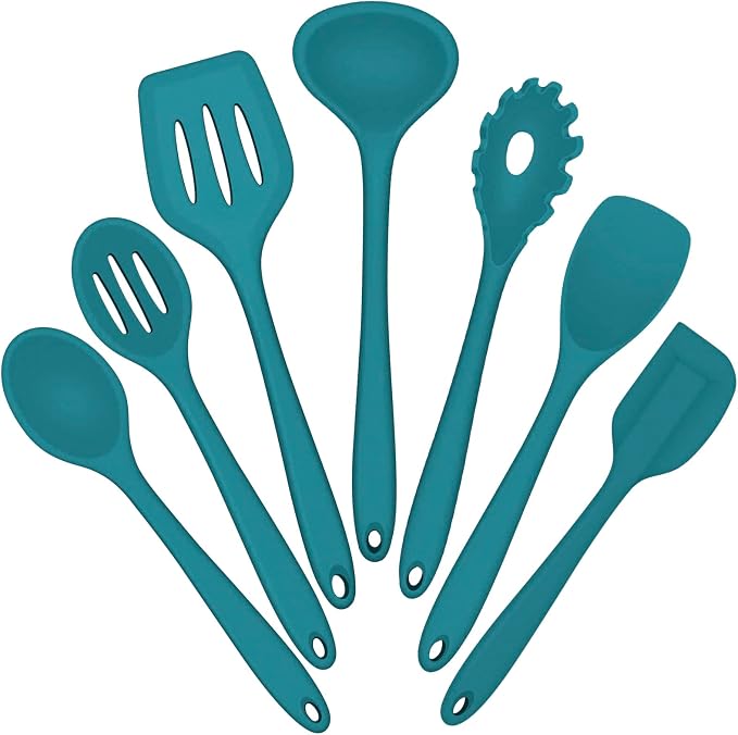 Silicone Cooking Utensils Set, E-far 7-Piece Blue Heat Resistant Kitchen by E-far