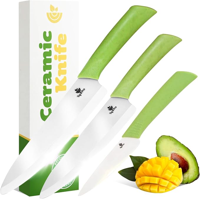 Ceramic Knife Set with Ergonomic Handle, Non-Reactive and Professional Chopping by VegItPro