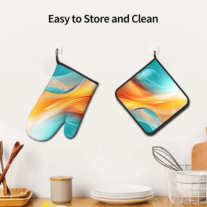 Turquoise Orange Abstract Art Oven Mitts & Pot Holders Sets of 3, Heat - Image 6