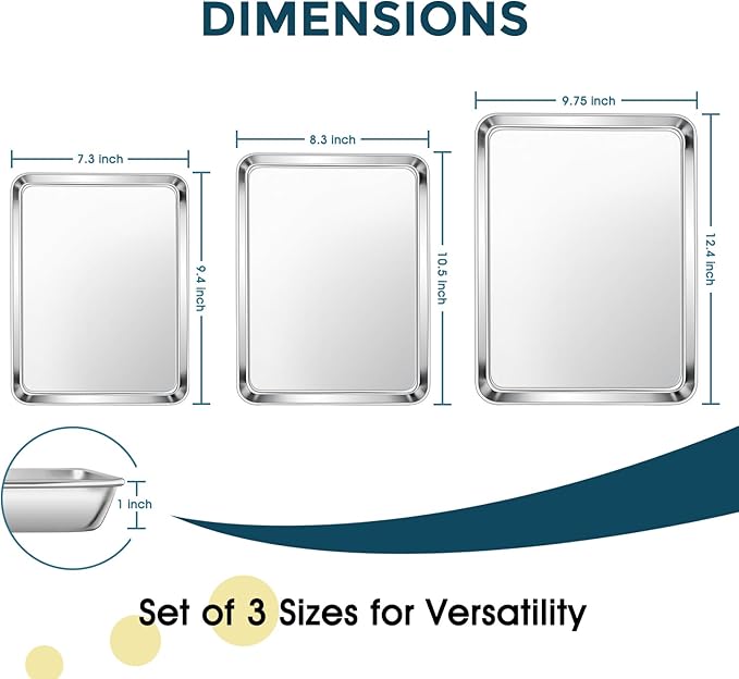 E-far Stainless Steel Baking Sheet Set of 3, 12.4”/10.5” /9.4” Cookie Sheet - Image 2