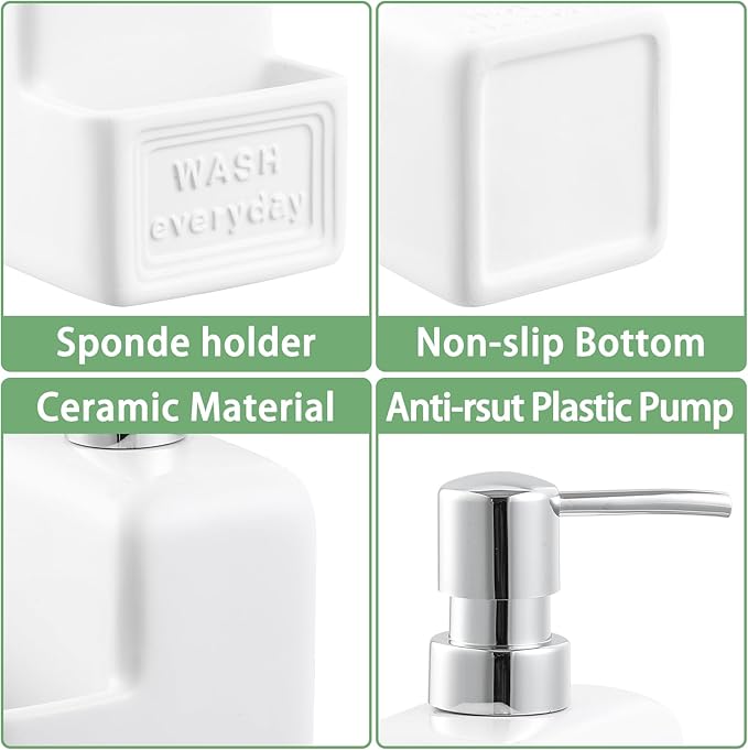 RQYIXI Soap Dispenser with Sponge Holder Ceramic Hand and Dish Soap Dispenser - Image 6