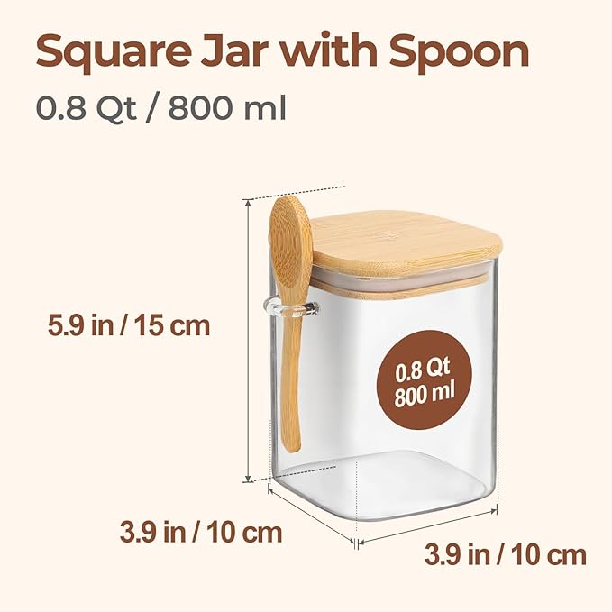 ComSaf 0.8 Qt Glass Jars with Bamboo Lids & Spoons Set of 4, Square Glass - Image 2