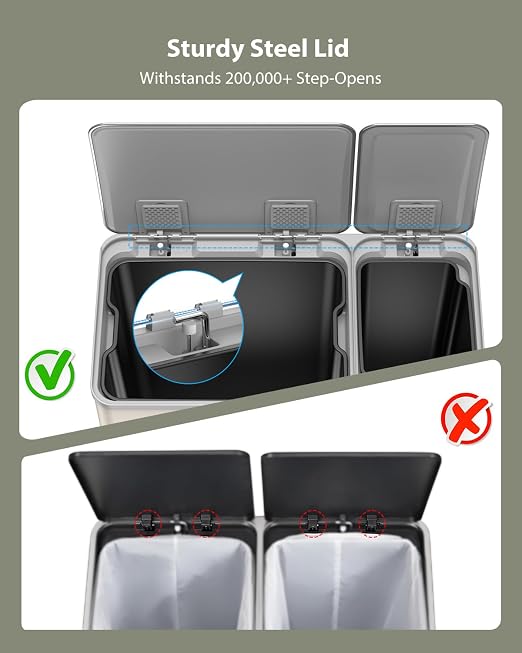 Dual Trash and Recycling Bins for Kitchen, 13.2 + 5.2 Gal Stainless Steel Trash - Image 8