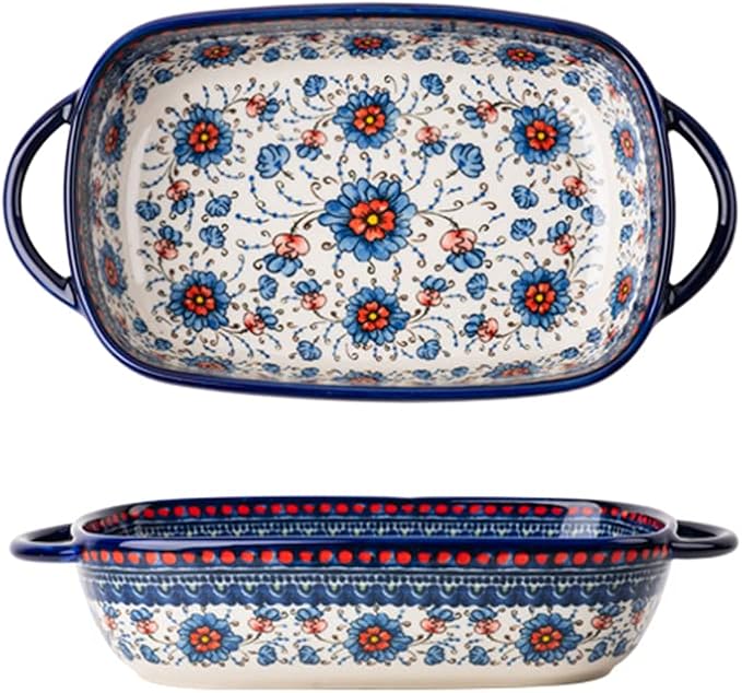 Blue and Orange Flower Vintage Style Ceramic Bakeware Casserole Dish Baking Pan by Bicuzat