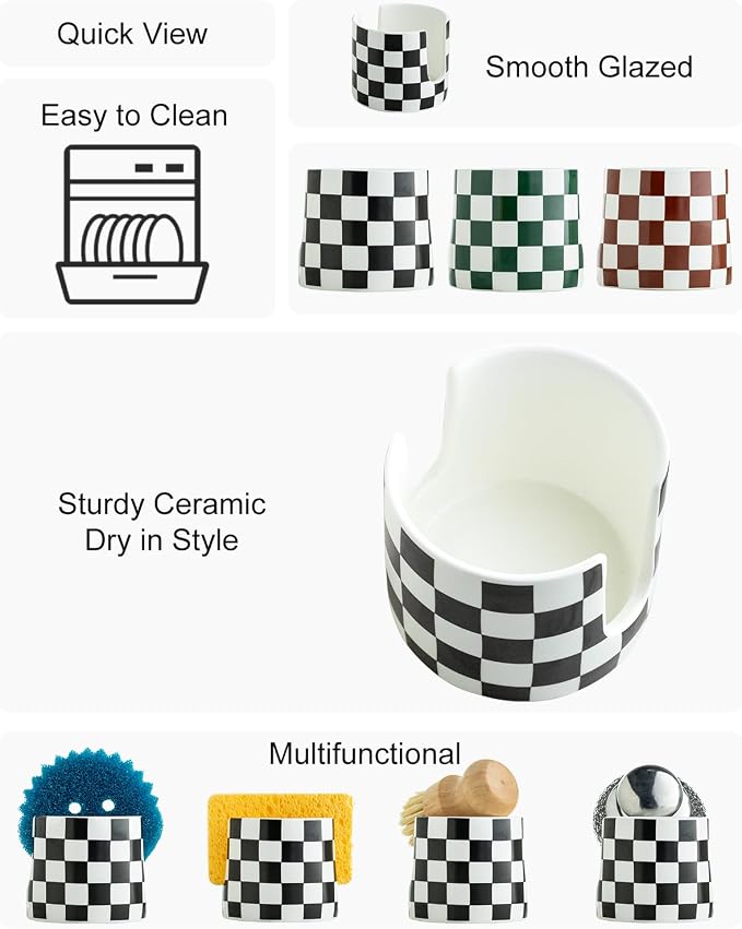 Zoeeker Checkered Kitchen Sink Sponge Holder, Dish Sponge Rack Ceramic Brush - Image 3