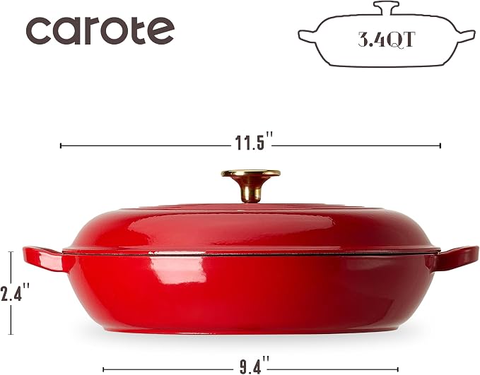 CAROTE 3.4QT Enameled Cast Iron Braiser Pan, Shallow Dutch Oven Casserole - Image 2