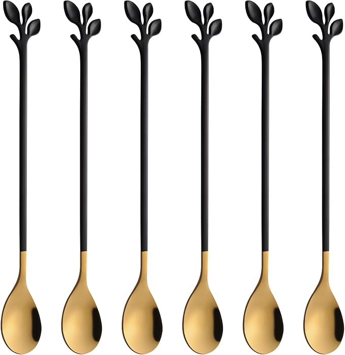 AnSaw 6-Piece Elegant Black & Gold Leaf Long Handle Teaspoons by AnSaw