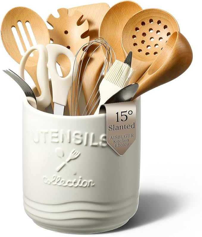 AISBUGUR Large Ceramic Utensil Holder: 7.5" H×6.3" W by AISBUGUR