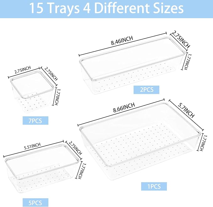 Manalete Drawer Organizers Set of 15, 4 Sizes Clear Plastic Drawer Organizers - Image 2