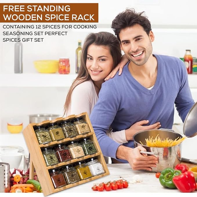 TILZ GEAR Wooden 3-Tier Spice Rack, 12 Filled Glass Jars, 12 Organic Spices - Image 6