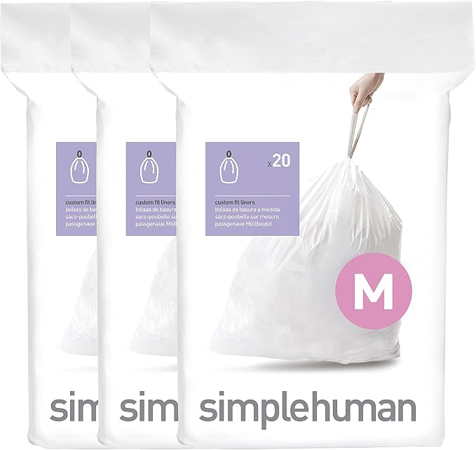 simplehuman Code M 60 Count Custom Fit Liners, Drawstring Kitchen Trash Bags by Simplehuman