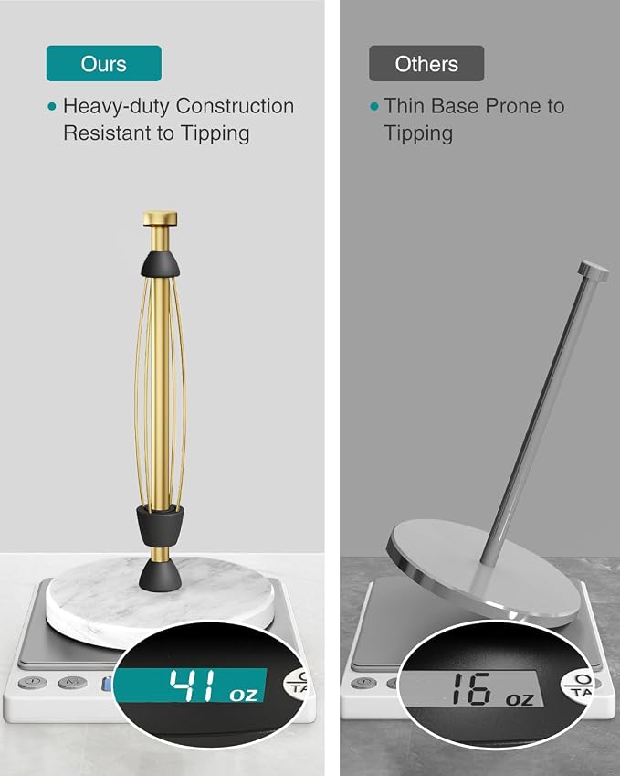 Paper Towel Holder Countertop, Marble Weighted Base, Warm Gold, One-Handed Tear - Image 4