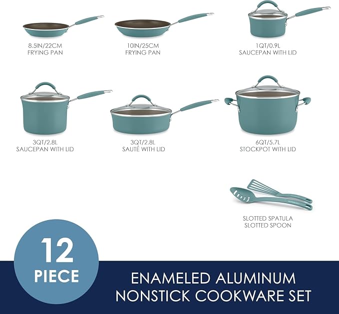 Rachael Ray Cucina Nonstick Cookware Pots and Pans Set, 12 Piece, Agave Blue - Image 2