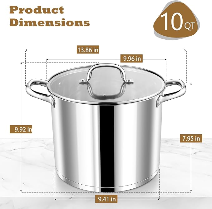 P&P CHEF 10 QT Stock Pot with Lid, Stainless Steel Large Cooking Pot, Soup - Image 2
