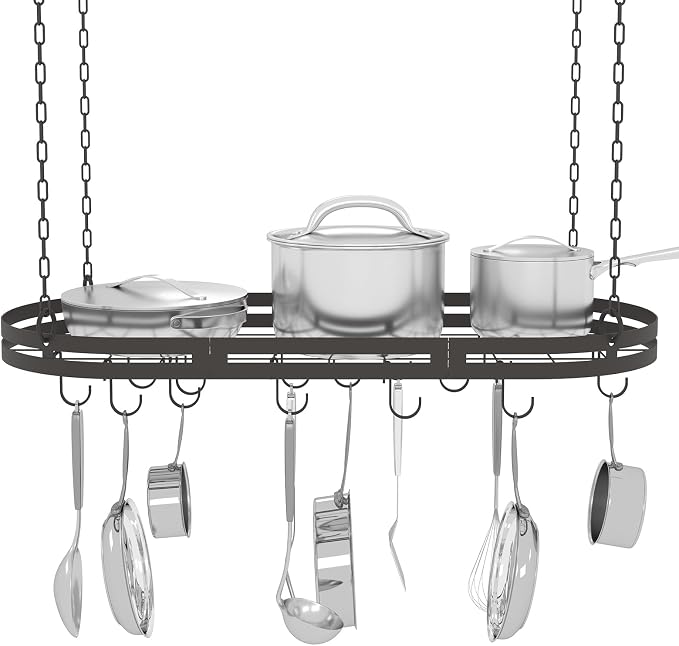 33” Hanging Pot Rack Ceiling Mount, Oval Pots and Pans Hanging Rack, Ceiling by TICKCACY-EnrichYourLife