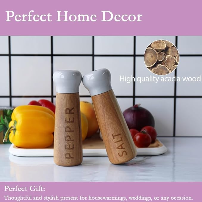 Tessie & Jessie Wooden Salt and Pepper Grinder Set, Premium Acacia Wood - Image 4