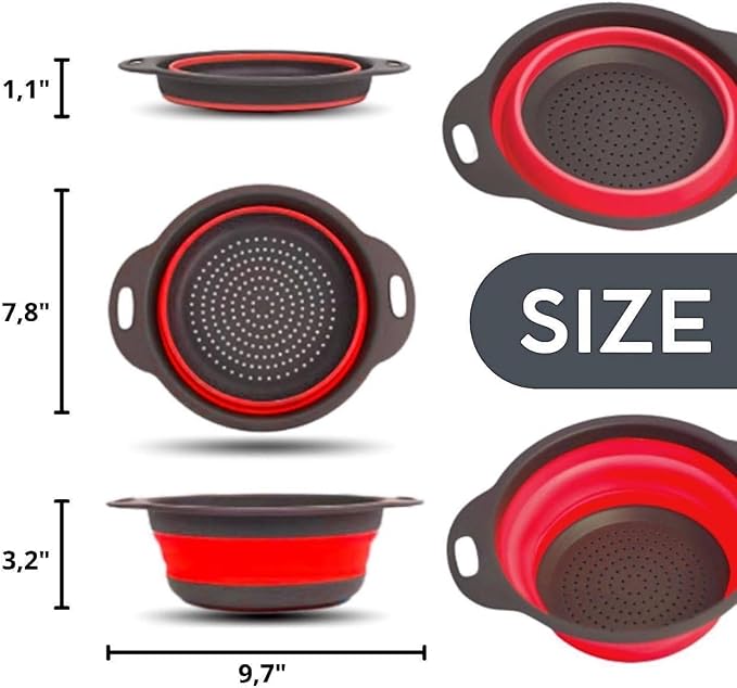 Red Round Silicone Collapsible Colander – Silicone Round Kitchen Strainers - Image 2