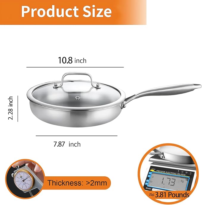 DELARLO Tri-Ply Stainless Steel Pan, 18/10 Frying Pan, Oven Safe Up to 600°F - Image 3
