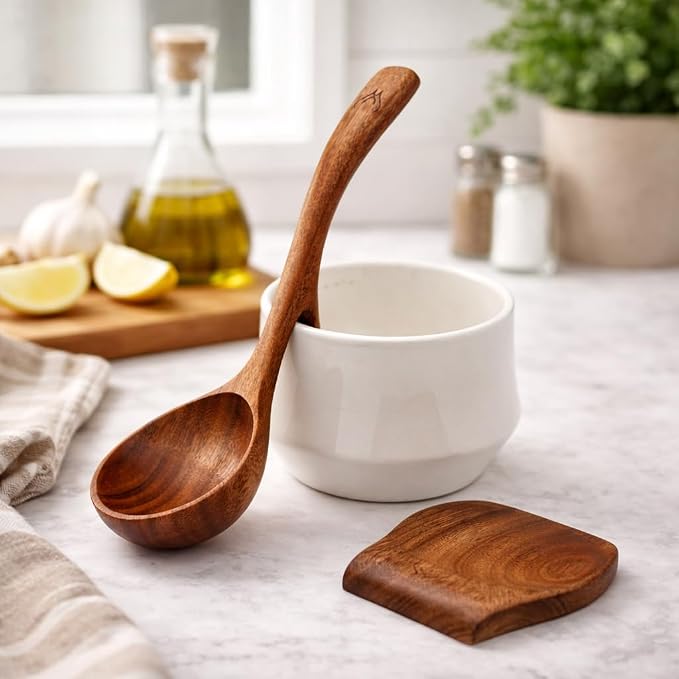 2Pcs Wooden Ladle Set included Teak Wood Soup Spoons - Image 2