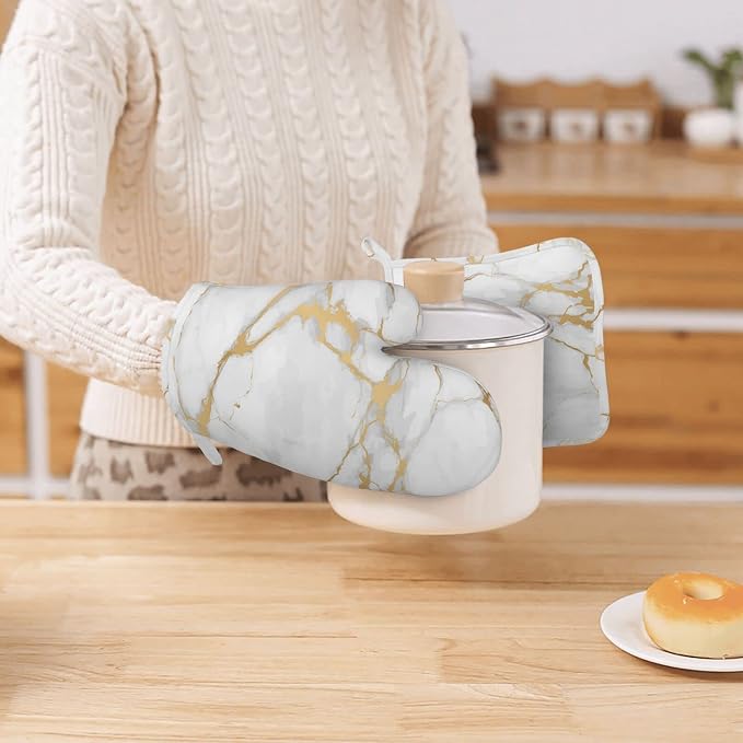 Oven Mitts and Pot Holders Marble White Gold Silicone Kitchen Accessories Set - Image 7
