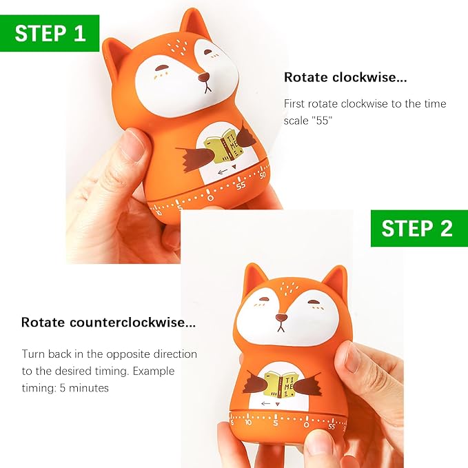 Cute Orange Fox Mechanical Kitchen Timer, 60-Minute Manual Wind Up Countdown - Image 3