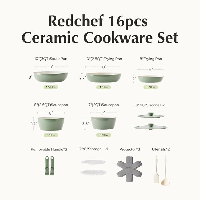 Redchef 16pcs Ceramic Pots and Pans Set Non Stick, Nonstick Ceramic Cookware Set - Image 9