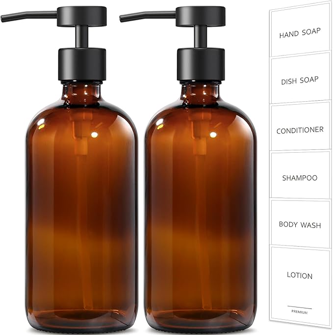 GMISUN Amber Glass Soap Dispenser, 2 Pack Bathroom Hand Soap Dispensers by GMISUN