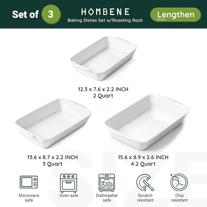 HOMBENE Casserole Dishes for Oven, Ceramic Baking Dishes Set of 3 - Image 2