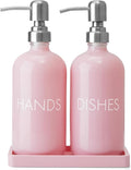 Pink Glass Dish and Hand Soap Dispenser Set by Unknown