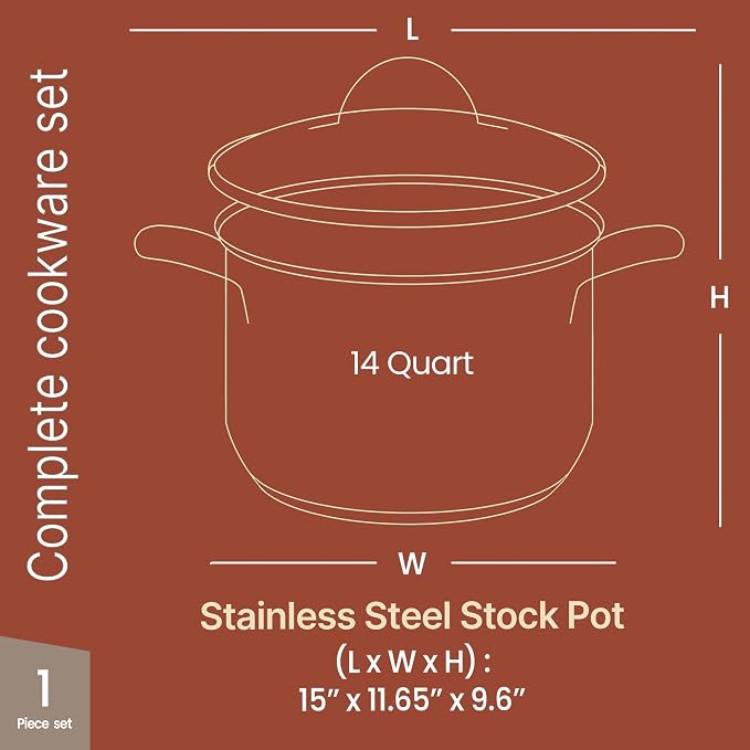 Stainless Steel Stockpot with Tempered Glass Lid 14 Quart, Durable 18/0 - Image 2
