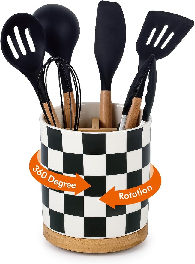 LoeJan 3 Compartment Utensil Holder, Extra Large Utensil Crock, Stable Ceramic by LoeJan