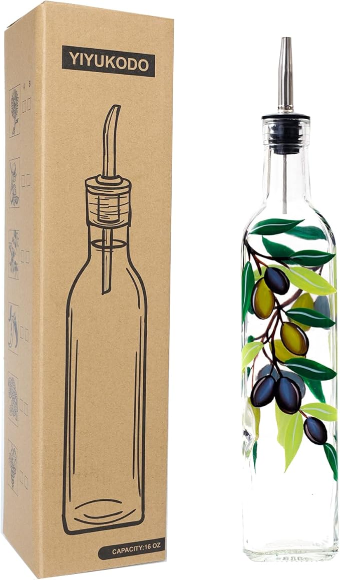17oz Hand Painted Glass Olive Oil Bottle Dispenser - 500ml Green Oil & Vinegar by YIYUKODO