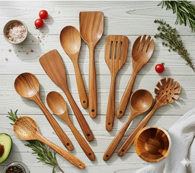 Home Hero Wooden Utensil Set 11 Pcs – Natural Teak Wooden Kitchen Utensils Set - Image 4