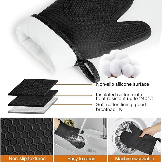 AUAUY Oven Mitts with 2 Potholders, Silicone Oven Gloves Heat Resistant 464°F - Image 3