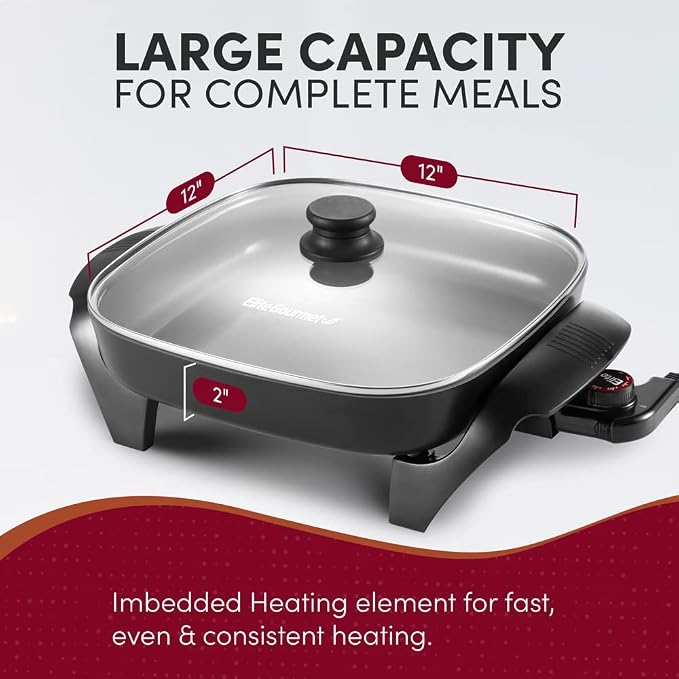 Elite Gourmet 12"x12"x2.15” Ceralast™ PFAS Free Ceramic Electric Skillet - Image 6