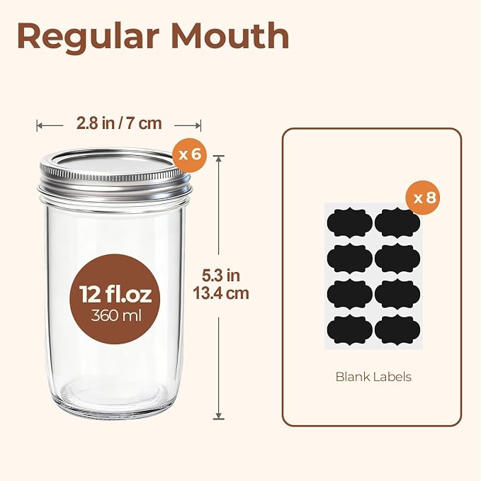 ComSaf 12 oz Mason Jars with Lids 6 Pcs, Regular Mouth Canning Jars with Seal - Image 2